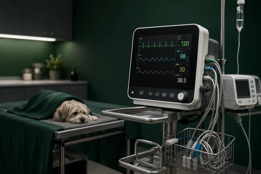 White and gray medical monitor displaying vital signs with a digital screen showing heart rate, oxygen saturation, temperature, and respiratory rate.