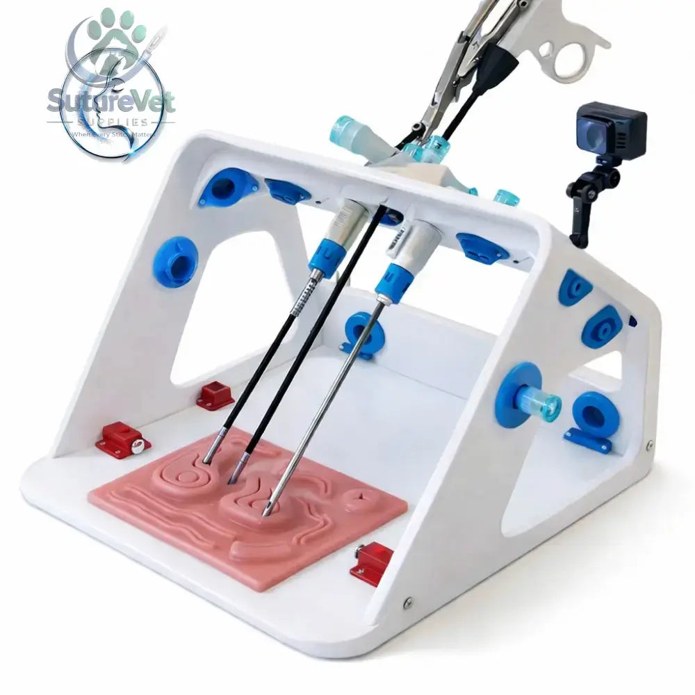 White plastic laparoscopic trainer box with blue and red components and pink anatomical base for minimally invasive surgical training simulator
