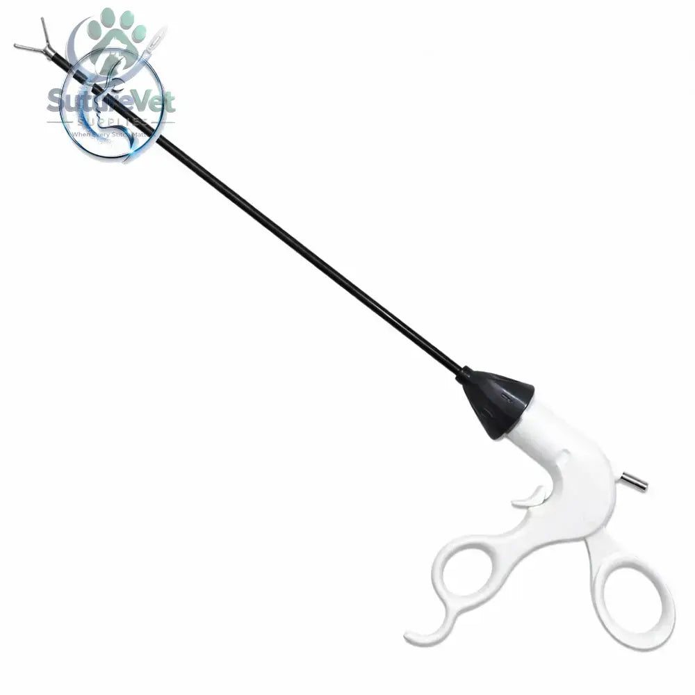 White plastic handled laparoscopic training box simulator instrument with black shaft and metallic emblem for surgical skills