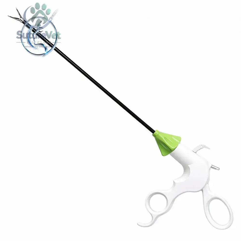 White and lime green laparoscopic training instrument with curved handles and metallic engraved head for minimally invasive surgical skills