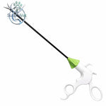 White and lime green laparoscopic training instrument with curved handles and metallic engraved head for minimally invasive surgical skills