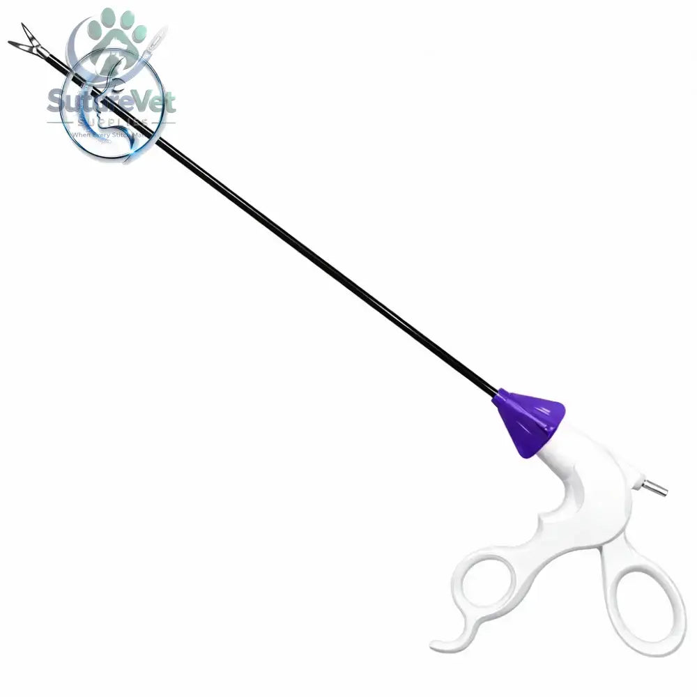 White and purple minimally invasive surgical instrument with long black shaft and circular metallic tip for surgical training