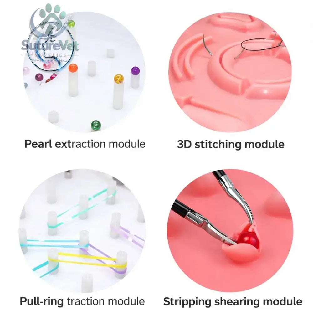 Pink silicone laparoscopic training box simulator with integrated tools for pearl extraction and 3d stitching in surgical skills training