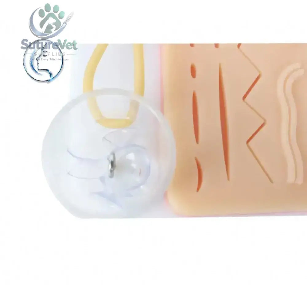 Clear plastic suction cup with metallic ring for medical practice pad used in knot-tying training kit