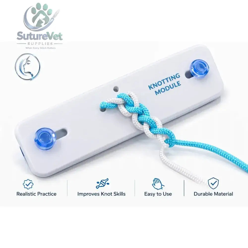 White plastic surgical knot-tying trainer with blue knobs and braided turquoise rope for portable surgical training