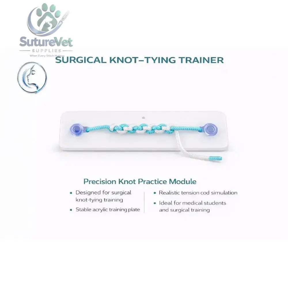 Blue and white braided cord with purple ends on clear acrylic training plate for surgical knot-tying trainer use