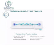 Blue and white braided cord with purple ends on clear acrylic training plate for surgical knot-tying trainer use