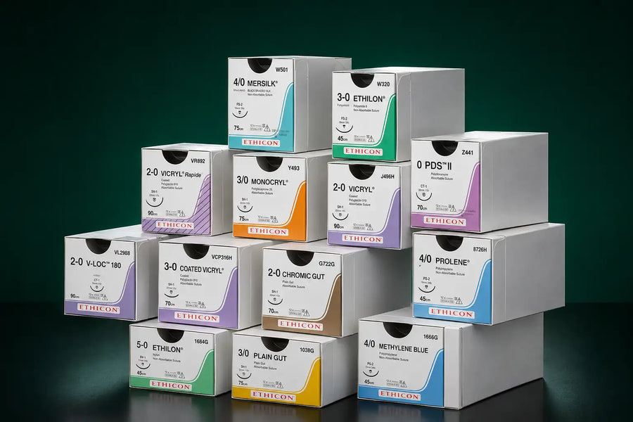 Stack of ethicon surgical suture boxes in assorted colors and sizes.