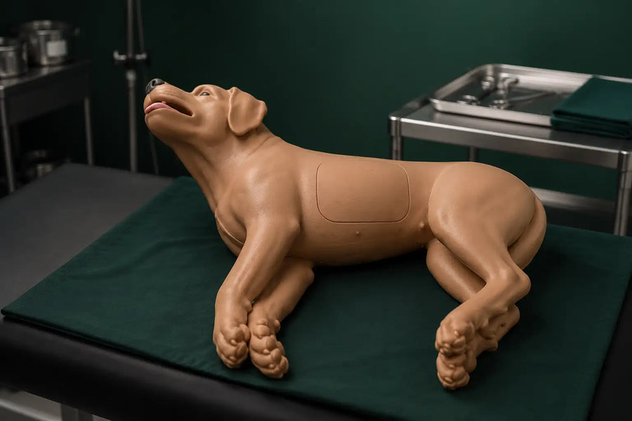 Tan-colored, anatomically detailed dog mannequin with a smooth plastic surface and visible paneling on its torso.