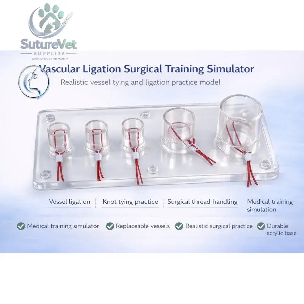 Clear acrylic tray with five transparent vessel models and red sutures for vascular ligation training simulator practice